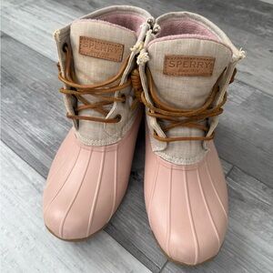 Sperry Saltwater Duck Boots Rose Oat Pink Canvas Waterproof Lace Up Women’s 8